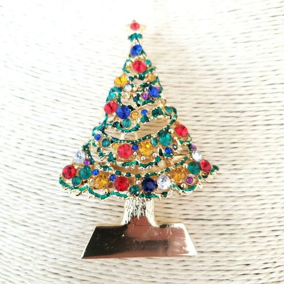Christmas Tree Brooch Pendant Multi Color Rhinestones - Picture 12 of 12